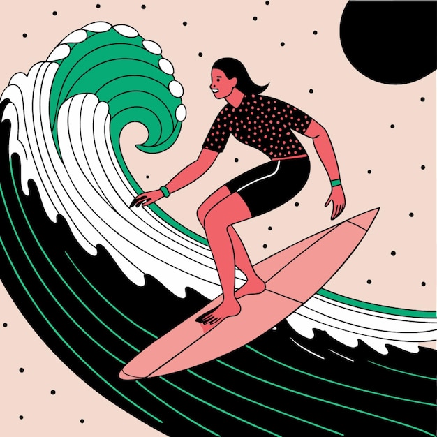 Vector a drawing of a woman surfing on a surfboard with a wave in the background