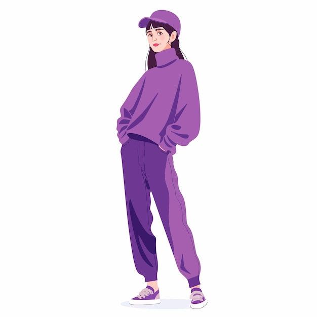 Vector a drawing of a woman wearing a purple outfit with a hat on it