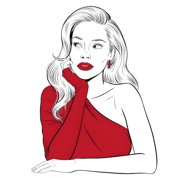 a drawing of a woman wearing a red dress with a red dress on it