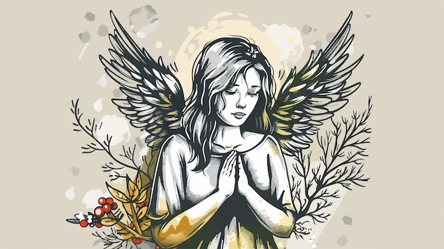 a drawing of a woman with angel wings on a gray background