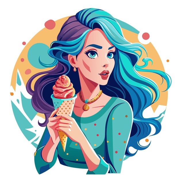 Vector a drawing of a woman with blue hair holding an ice cream cone