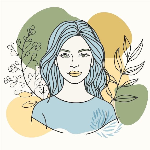 a drawing of a woman with a blue shirt and a green and yellow flower in the background