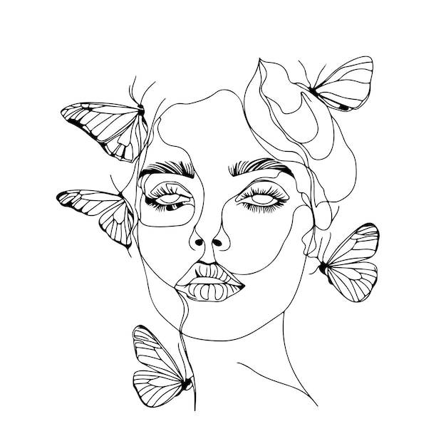 Vector a drawing of a woman with butterflies on her face