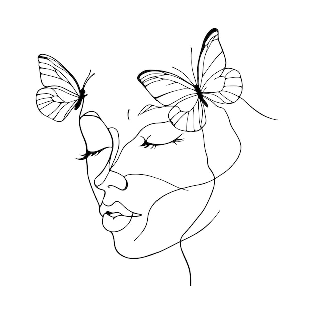 Vector a drawing of a woman with butterflies on her face