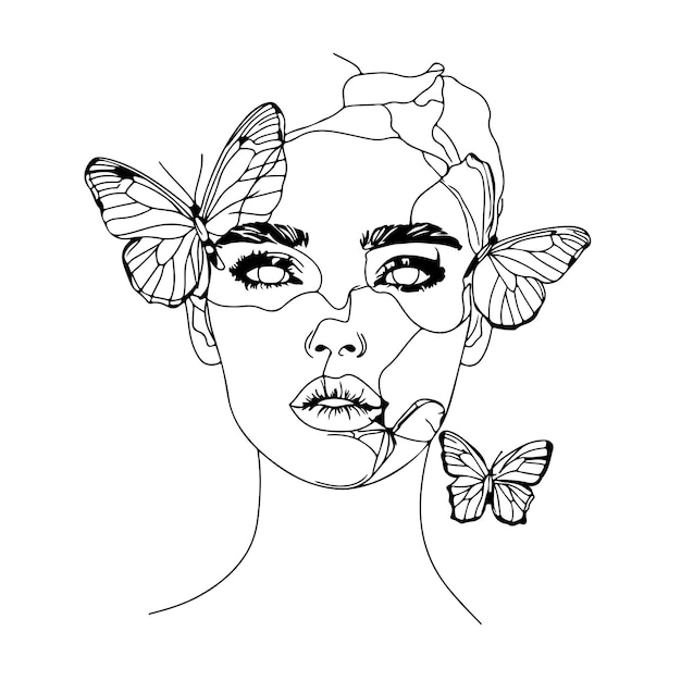 Vector a drawing of a woman with butterflies on her face