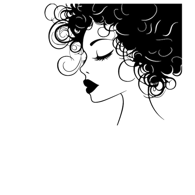 a drawing of a woman with curly hair and a black and white background