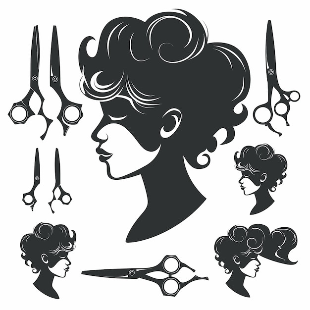 Vector a drawing of a woman with a hair clippings and scissors