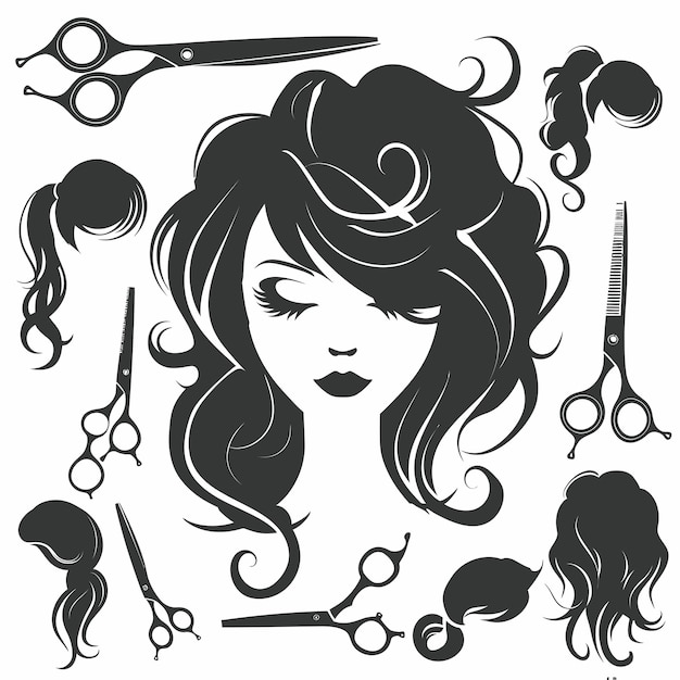 a drawing of a woman with a hairdo and scissors