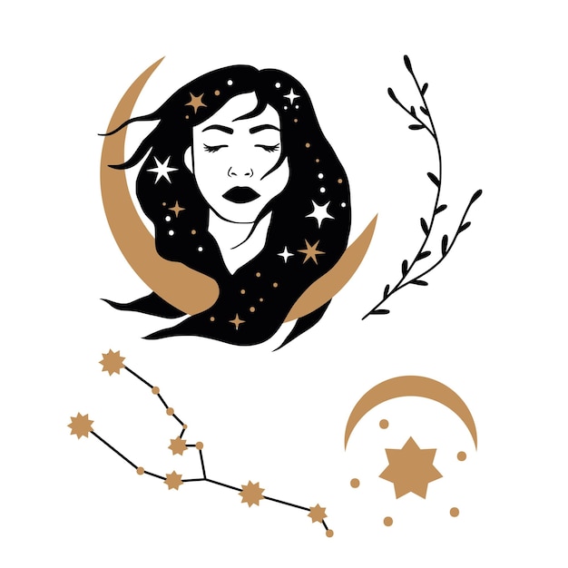 Vector a drawing of a woman with long hair and a star that says she is sleeping