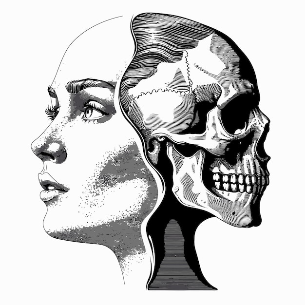 Vector a drawing of a woman with a skull and a skull