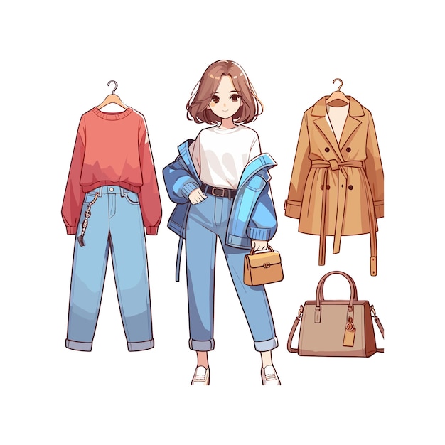 Vector a drawing of a woman with a sweater and jeans fashion women young lady with stylish and modern out