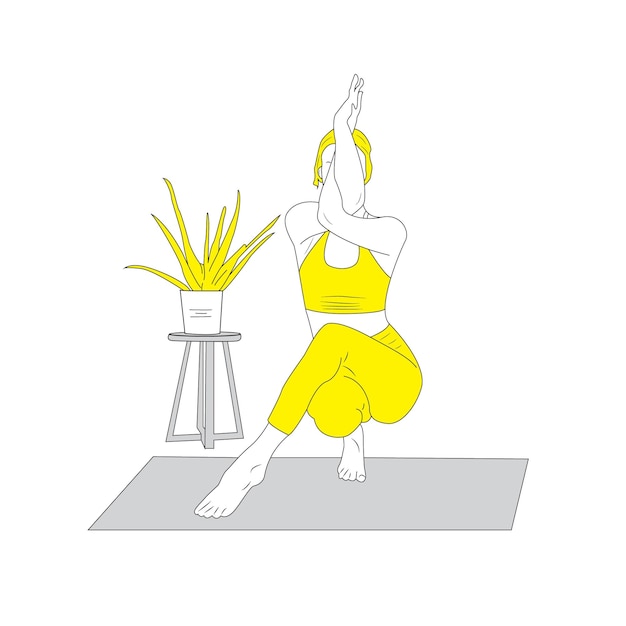 a drawing of a woman in yellow is on a mat with a pot of bamboo in the background