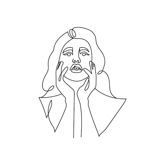 Drawing of a womans face in a minimalist line style fashion illustration for cosmetics continuous li