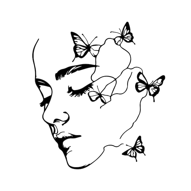 Vector a drawing of a womans face with butterflies on it