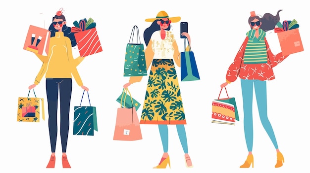 a drawing of women with bags and bags