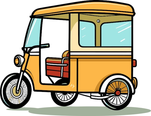 Vector a drawing of a yellow and brown van with a side car that says  the word  on it