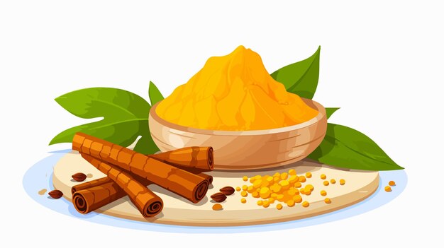 Vector a drawing of a yellow spice with a wooden tray with a bowl of yellow rice