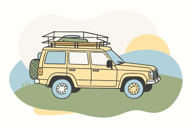 Vector a drawing of a yellow suv with a roof rack on top of it