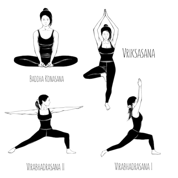 drawing of yoga pose set isolated on white