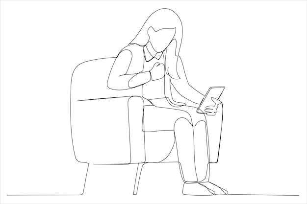 Drawing of young business woman wearing a suit using his phone feeling excited and rejoices while looking at the phone Single line art style