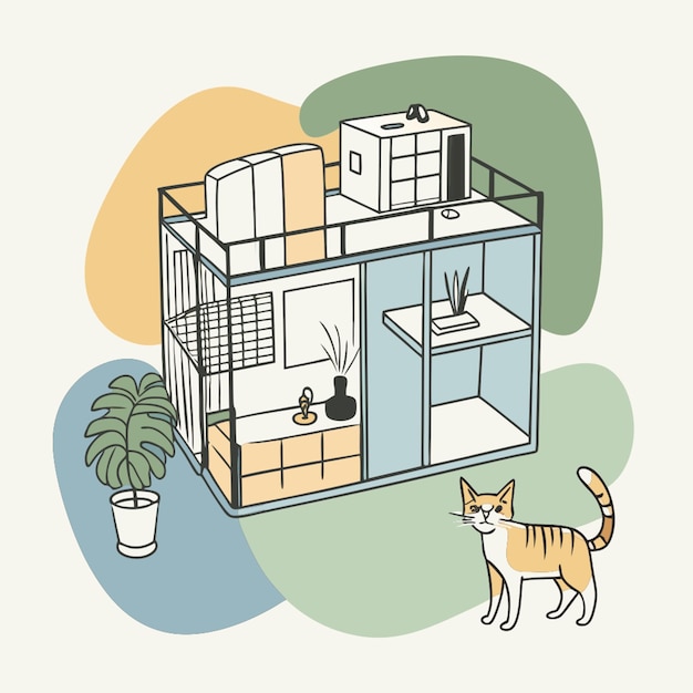 Vector drawings of an apartment with a cat vector illustration line circuit