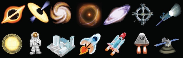 Drawings of astronomy the universe and space travel spaceship2d illustration