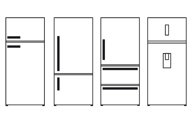 Drawings of refrigerators in black lines on a white background