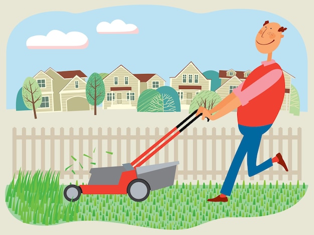 Drawn cheerful man mows grass with a lawn mower on the background of houses