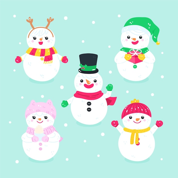 Drawn christmas snowman character set