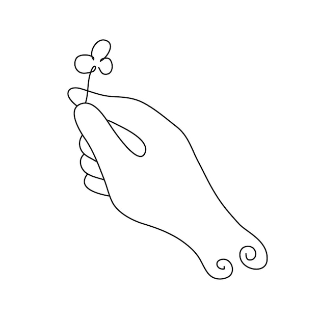 Drawn illustration of a three-petal clover holding in his hand, liner-art style, isolated on a white background for St. Patrick's Day. Vector graphics