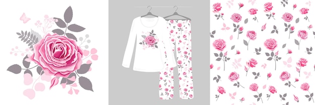 Drawn roses on a white background Seamless floral pattern for girls women Women's pajamas