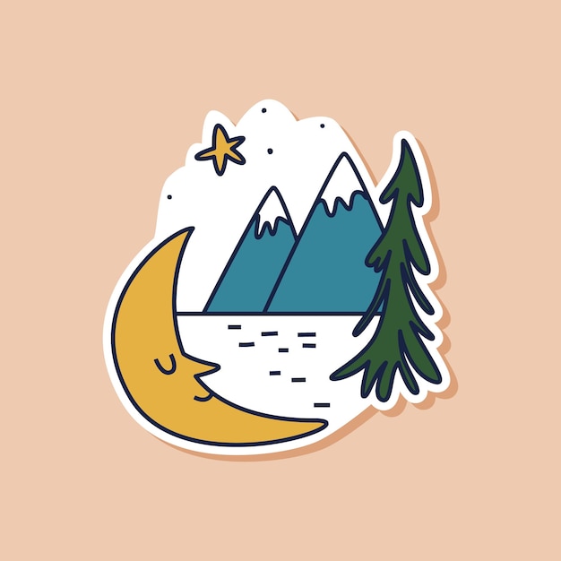 Drawn sticker doodle of a sleeping crescent moon against a background of mountains and forest