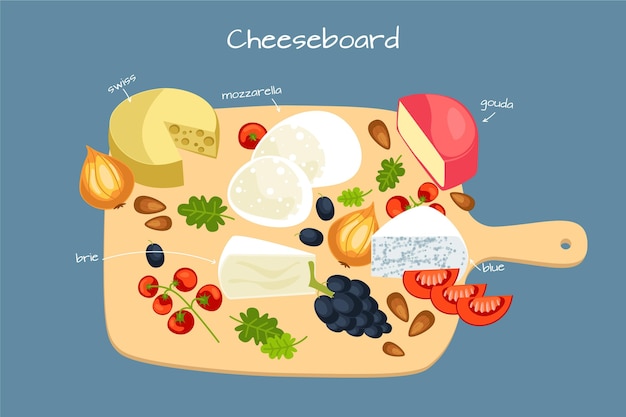 Vector drawn tasty cheese board