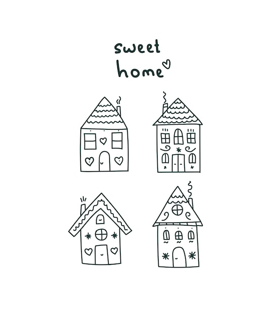 Drawn vector houses in doodle style Cute little house for postcards print packaging advertising poster