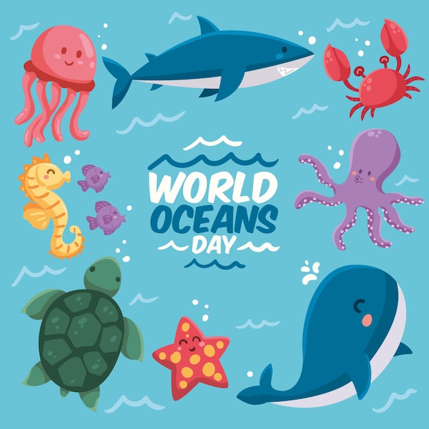 Drawn world oceans day illustration concept