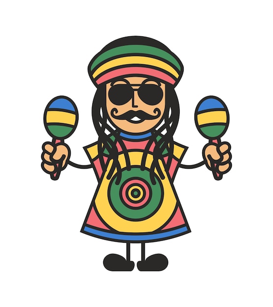 Dreadlocks man cute character wearing eyeglasses slouchy beanie maracas and reggae costume