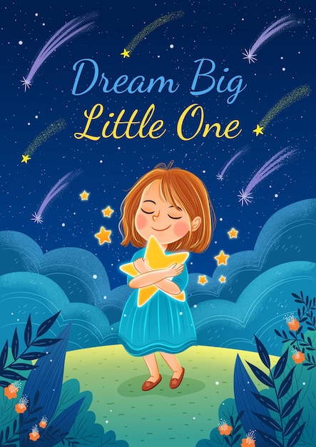 Dream big little one kids poster illustration with girl holding star