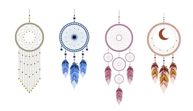 Dream catcher with mandala and feathers. Set of Indian mascots.