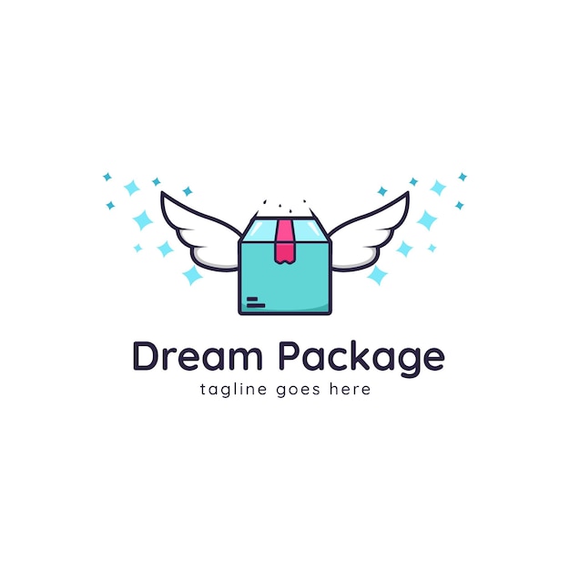 Dream package logo parcel cardboard box package delivery logo icon with flying wing