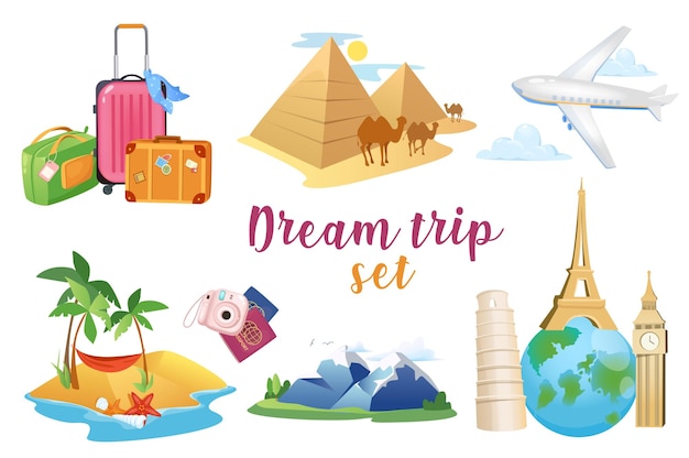 Dream trip d realistic set vector illustration isolated elements