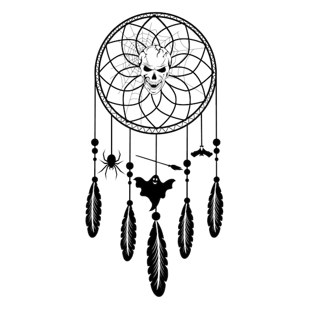 Dreamcatcher with feathers and a ghost a skull in the center Halloween ritual thing American boho spirit