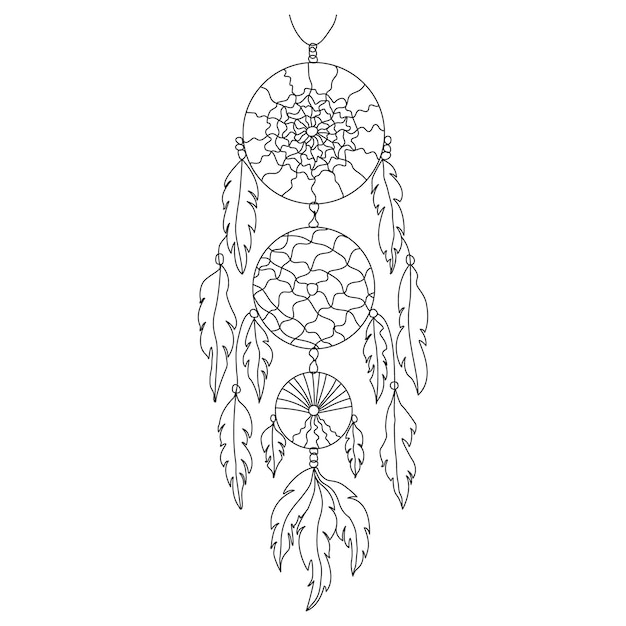 Dreamcatcher with spiderweb, threads, beads and feathers. Native american symbol in boho style