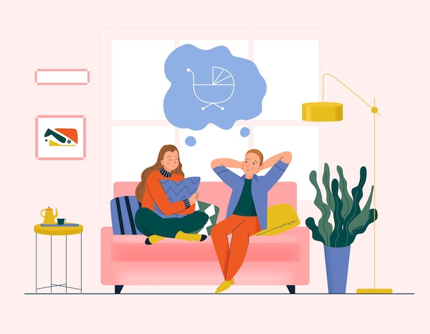 Dreaming couple concept with family and baby symbols flat illustration