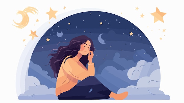 Dreaming Girl with Starry Sky in Long Hair Sitting