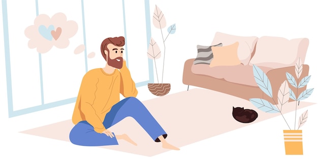 Dreaming people concept in modern flat design. Happy man sitting at floor and dreaming at home. Young guy sits at cozy room and thinking about love, person scene. Vector illustration for web banner