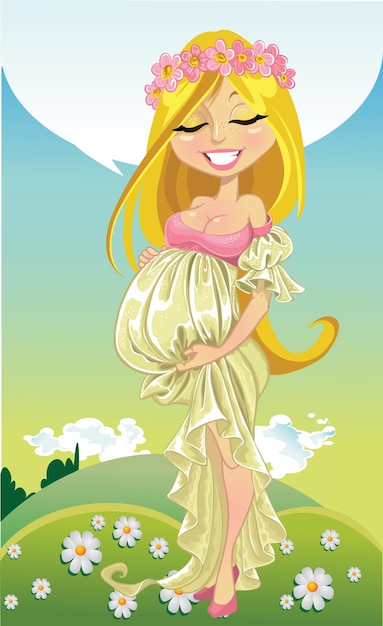 Dreaming pregnant woman in long dress on spring background