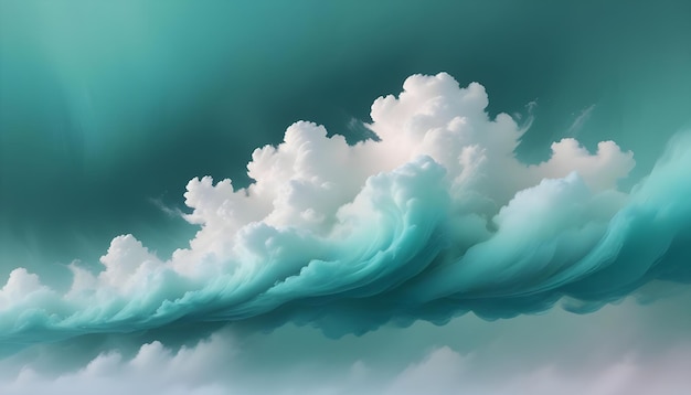 Dreamlike surreal landscape with soft fluffy clouds in shades of teal and white swirling and blending together creating a calming and ethereal atmosphere