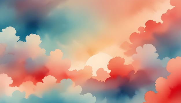 Dreamy and colorful sky with fluffy clouds lit by a warm setting sun