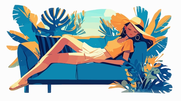 Dreamy Female Character Lying on Sofa Relaxing and Daydreaming