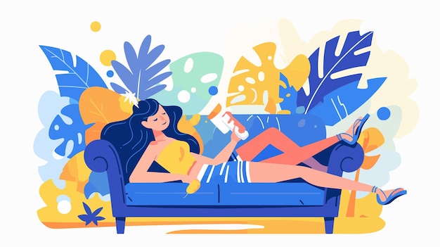 Dreamy Female Character Lying on Sofa Relaxing and Daydreaming